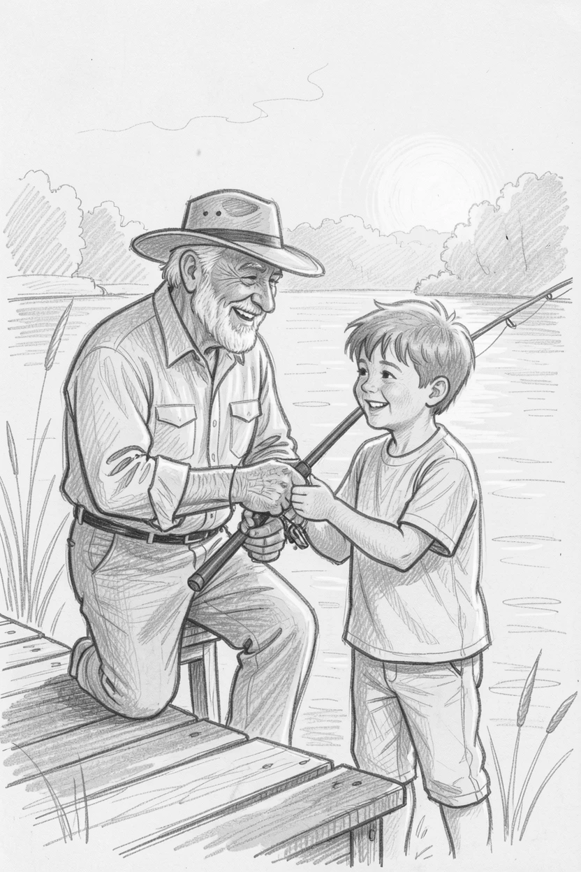 A grandfather teaching his grandson to fish, during a warm summer evening, radiating pure happiness.
