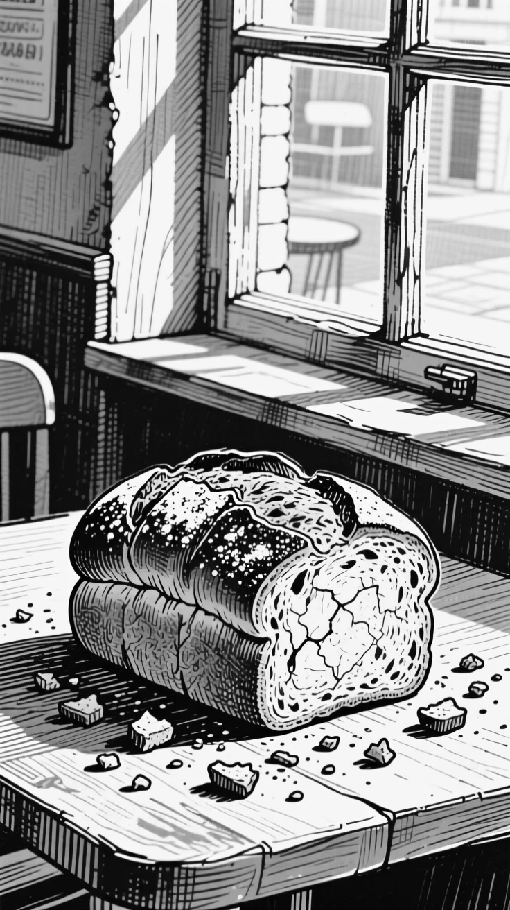 A rustic loaf of freshly baked bread set in a sunlit cafe window, with crumbs scattered across the table, presented in a cozy and satisfying culinary still life.
