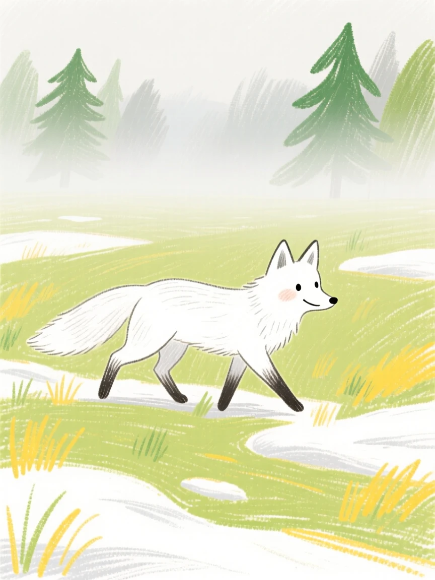 A snowy fox crossing a quiet meadow blanketed in morning fog.