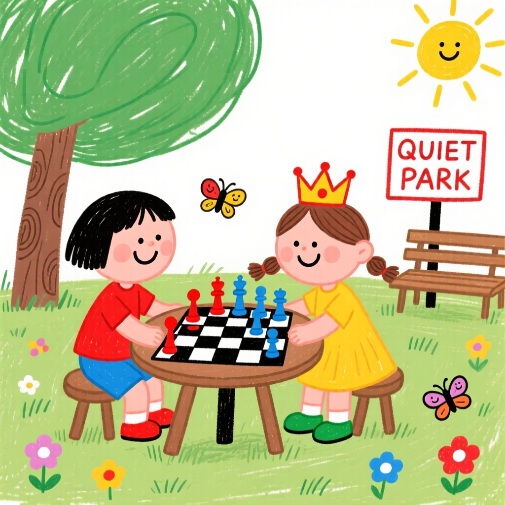 Children playing chess together in a quiet park.