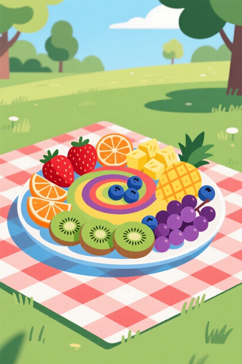 A vibrant fruit platter arranged in a colorful spiral, arranged on a picnic blanket in a park, arranged with elegant simplicity and clean lines, with a joyful, celebratory feel.