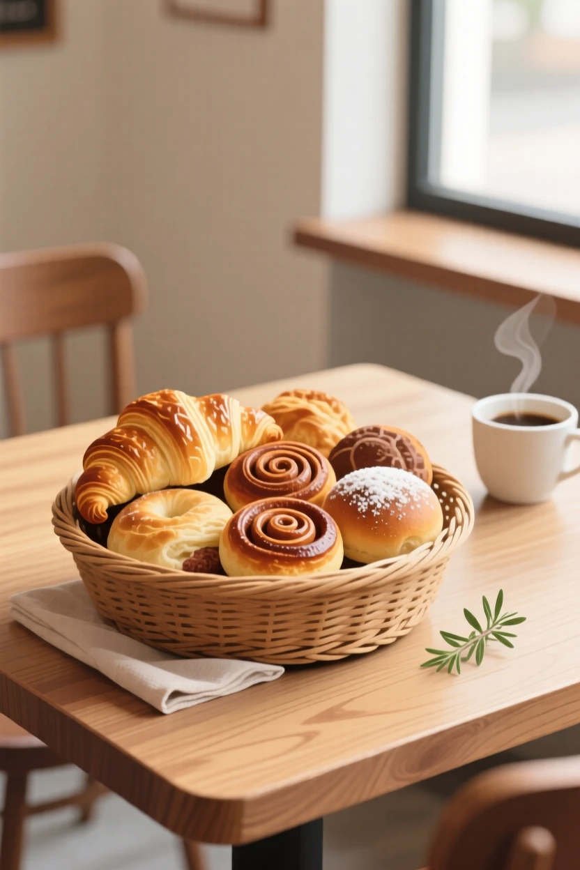 A basket of fresh pastries beautifully displayed on a wooden table at a cozy cafe.