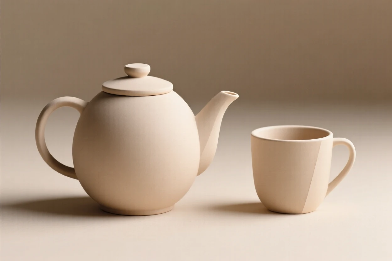 A ceramic teapot with a matching cup