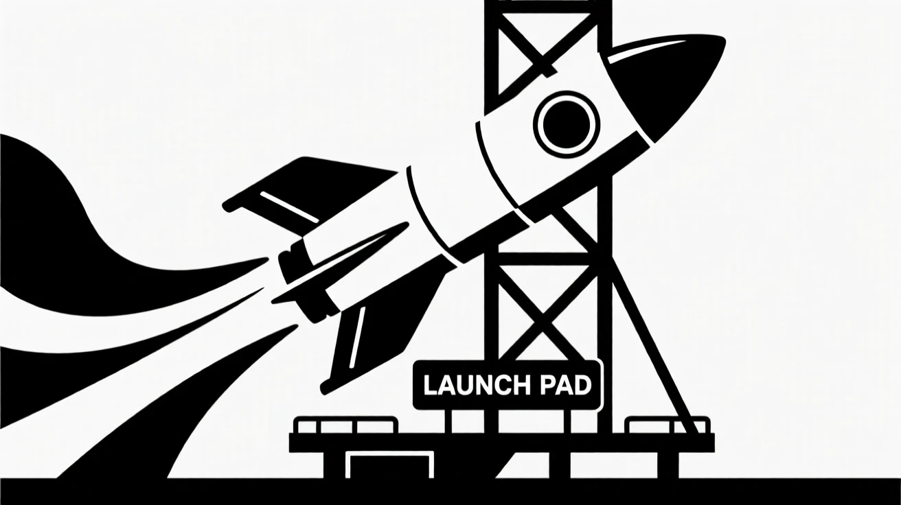 A rocket ship blasting off from a launch pad.