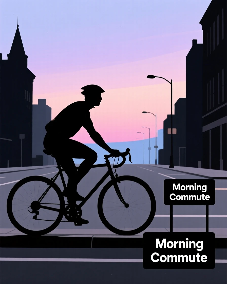 A cyclist commuting through a quiet city street at early morning.
