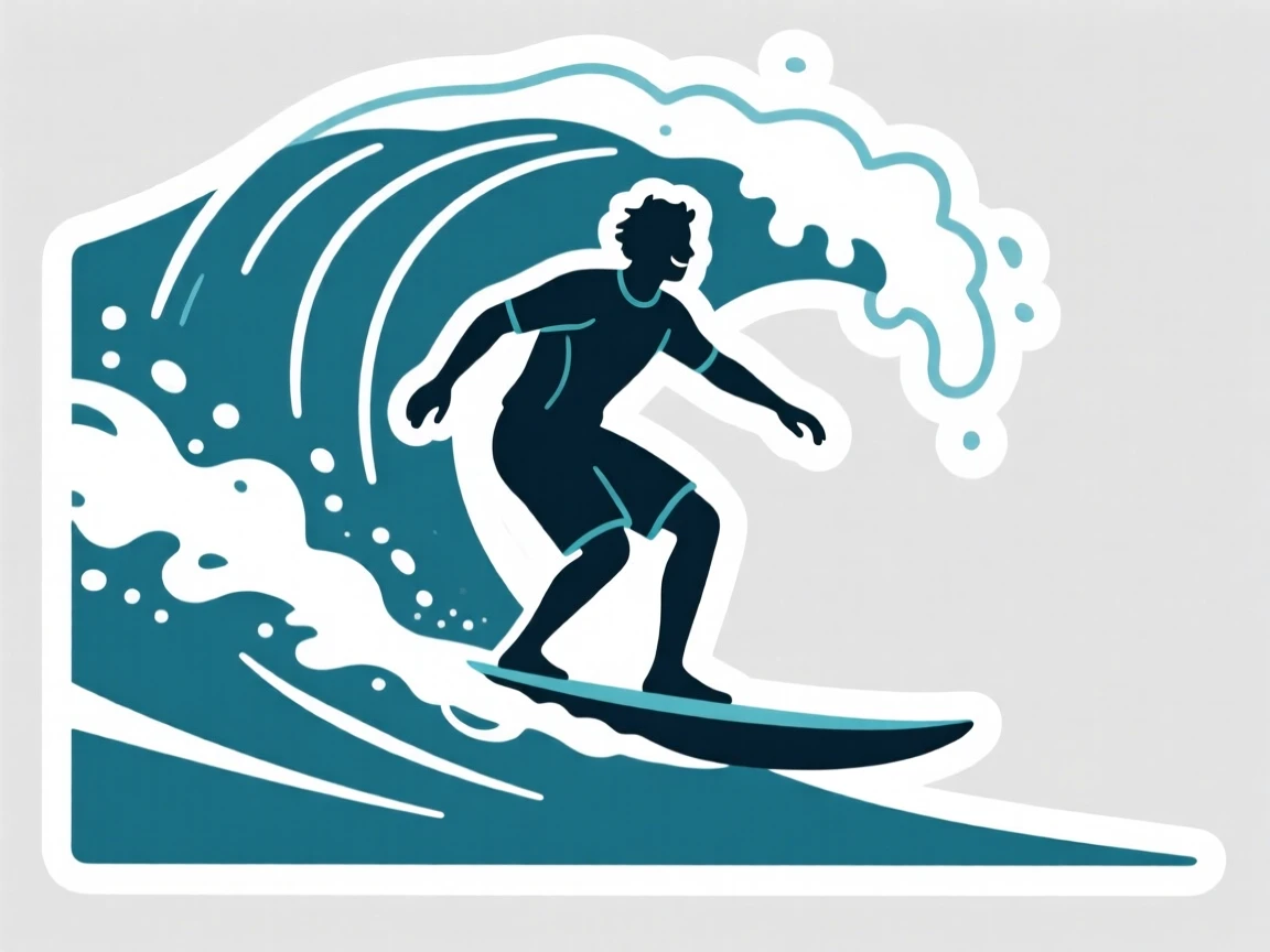 A calm and content surfer riding a big ocean wave, captured mid-motion during their favorite activity, in a small community class setting.