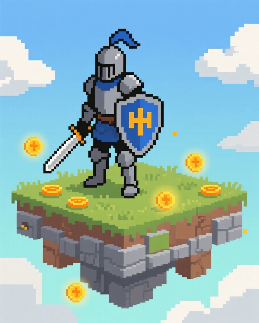 A wandering knight collecting glowing coins in a grassy field, atop a floating sky fortress.
