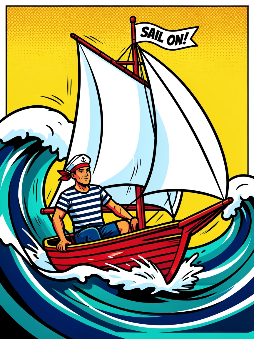 A sailor navigating a sailboat through ocean waves