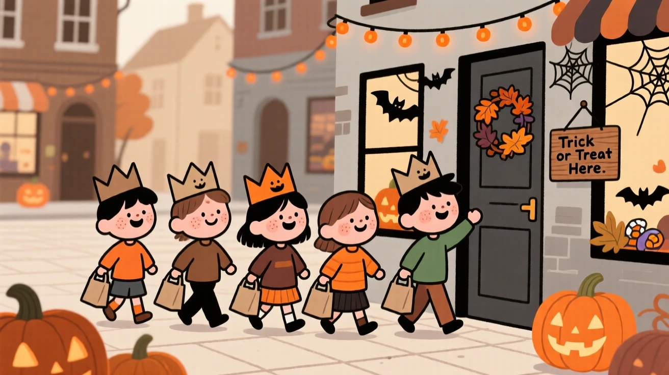 Children in paper crowns carry small paper bags through a small town square decorated for Halloween, giggling at every doorway.