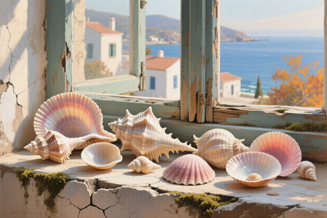 A tightly framed close-up of a collection of seashells arranged on a windowsill, in mid-autumn, in a Greek island village.
