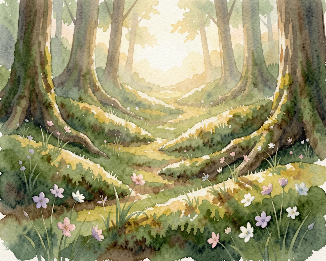 A moss-covered forest floor during a soft sunrise with wildflowers scattered across the foreground.
