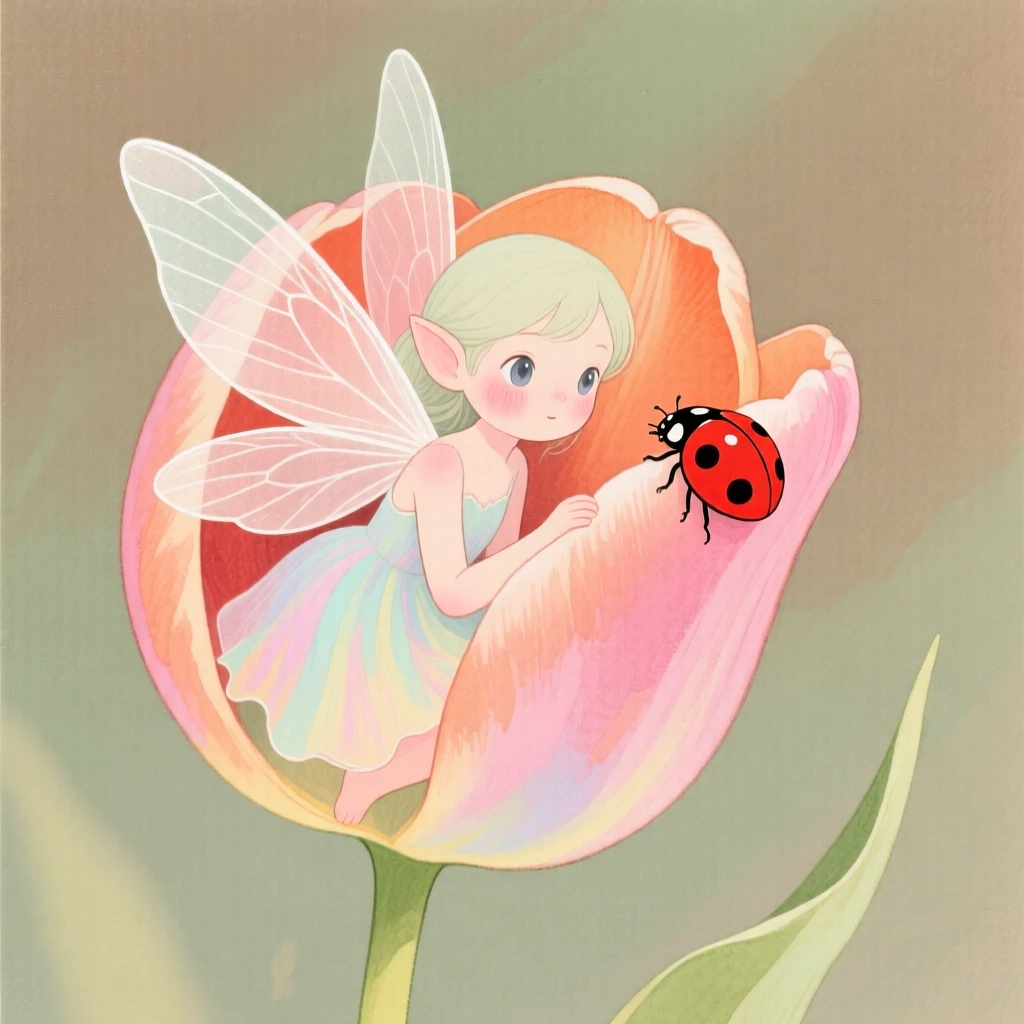 A pixie with translucent wings hides inside a tulip, peeking out at a curious ladybug on the petal edge