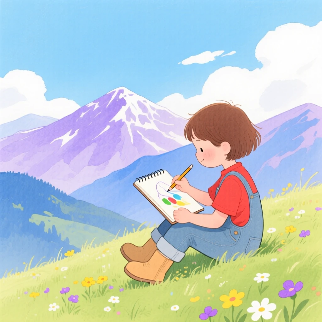A young painter sketching a mountain view from a grassy hilltop.