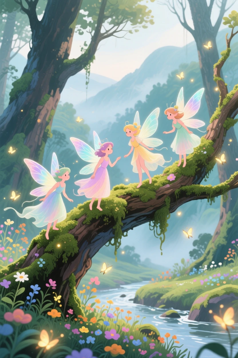 A playful group of fairies perched on a mossy branch surrounded by fireflies, in a hidden valley untouched by time, evoking awe and quiet enchantment.