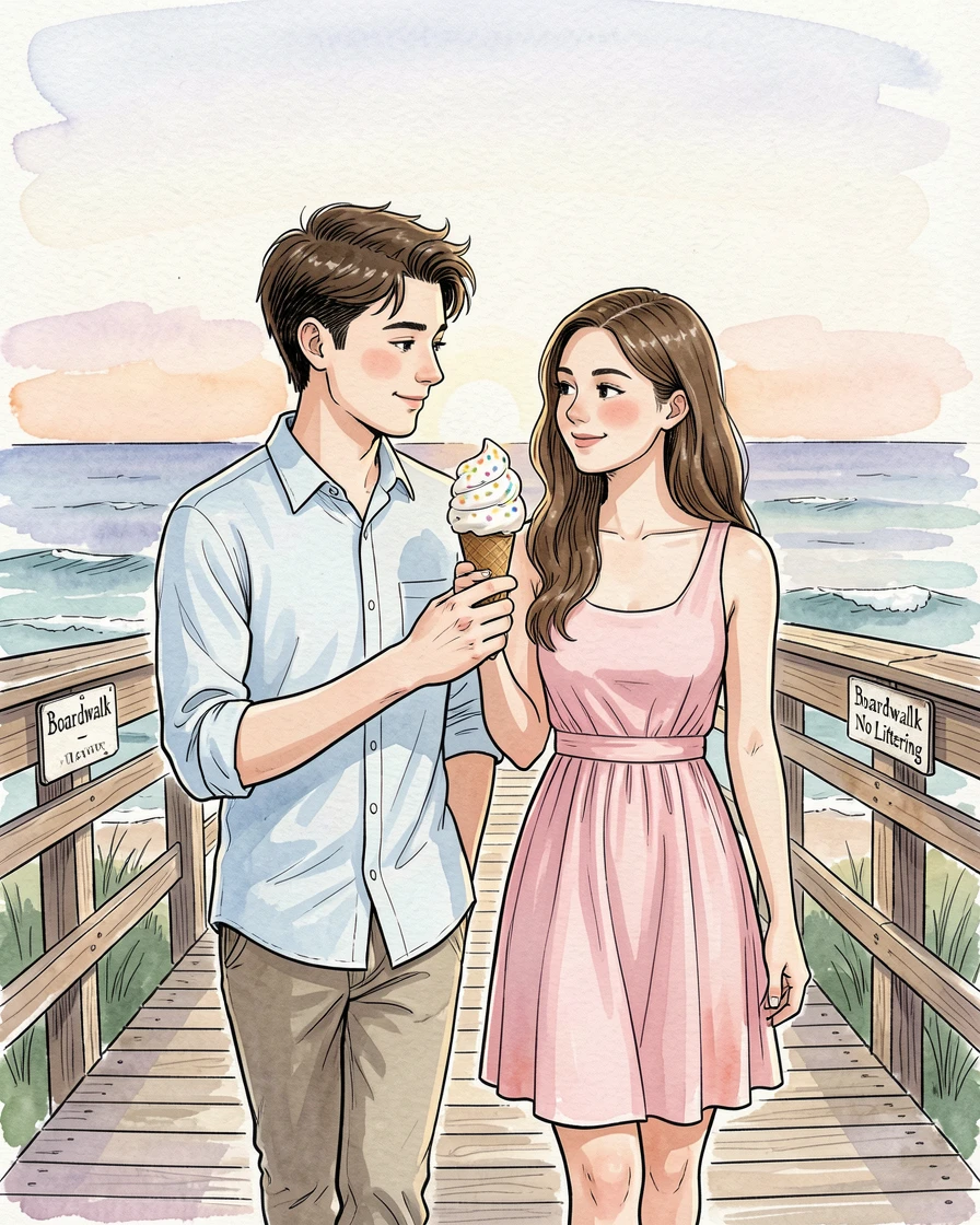 A couple sharing an ice cream cone while strolling along a boardwalk, gentle expressions capturing a fleeting, genuine moment.