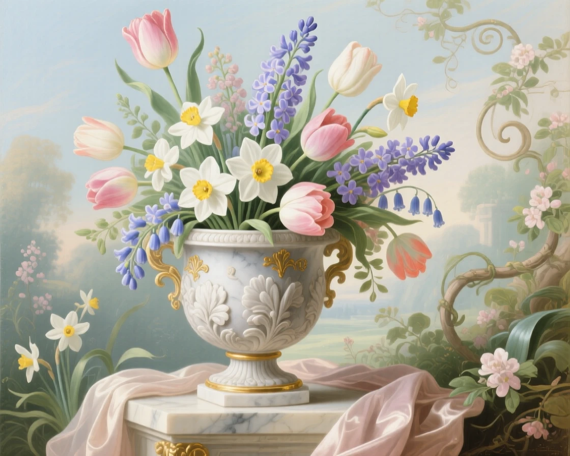 A bouquet of tulips, hyacinths, and narcissus in a carved marble urn  