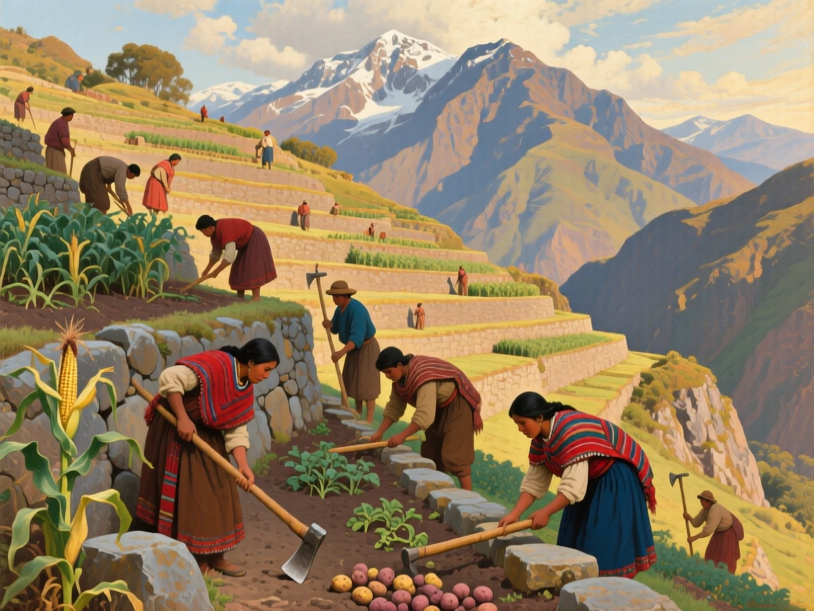 Inca villagers terracing a mountainside for agriculture beneath towering peaks, as golden or dramatic lighting sets a timeless, cinematic mood, designed to feel both historically authentic and visually striking