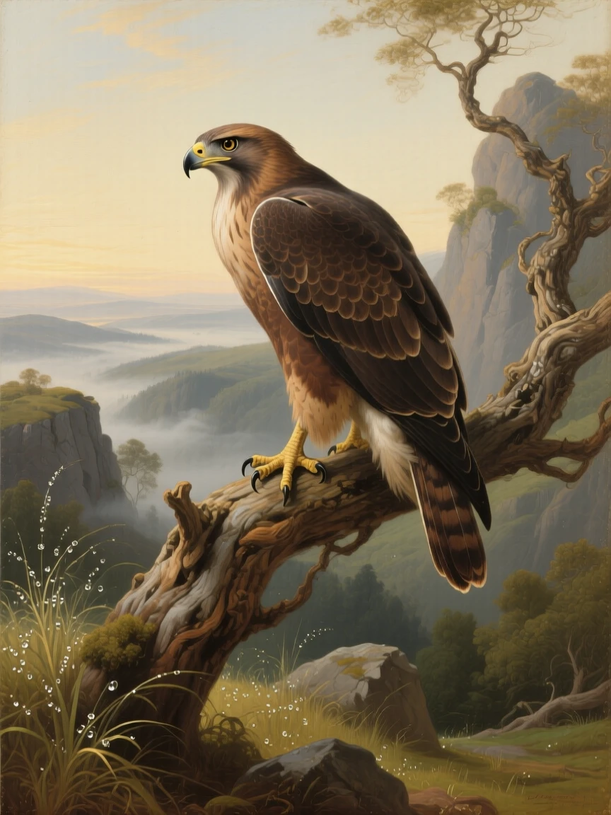 A hawk perched regally on a gnarled branch overlooking the valley as instinct and elegance move in perfect harmony, set within an untouched wilderness far from human hands, with dew-covered grass, drifting mist, and soft golden light; strong natural framing from branches or rock formations draws the eye inward, radiating peace, freedom, and untamed beauty.