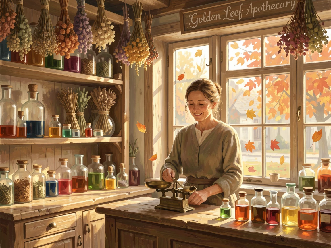 An old apothecary shop filled with glass bottles, dried herbs, and a shopkeeper weighing remedies, as autumn leaves begin to fall, radiating joy and gentle celebration.