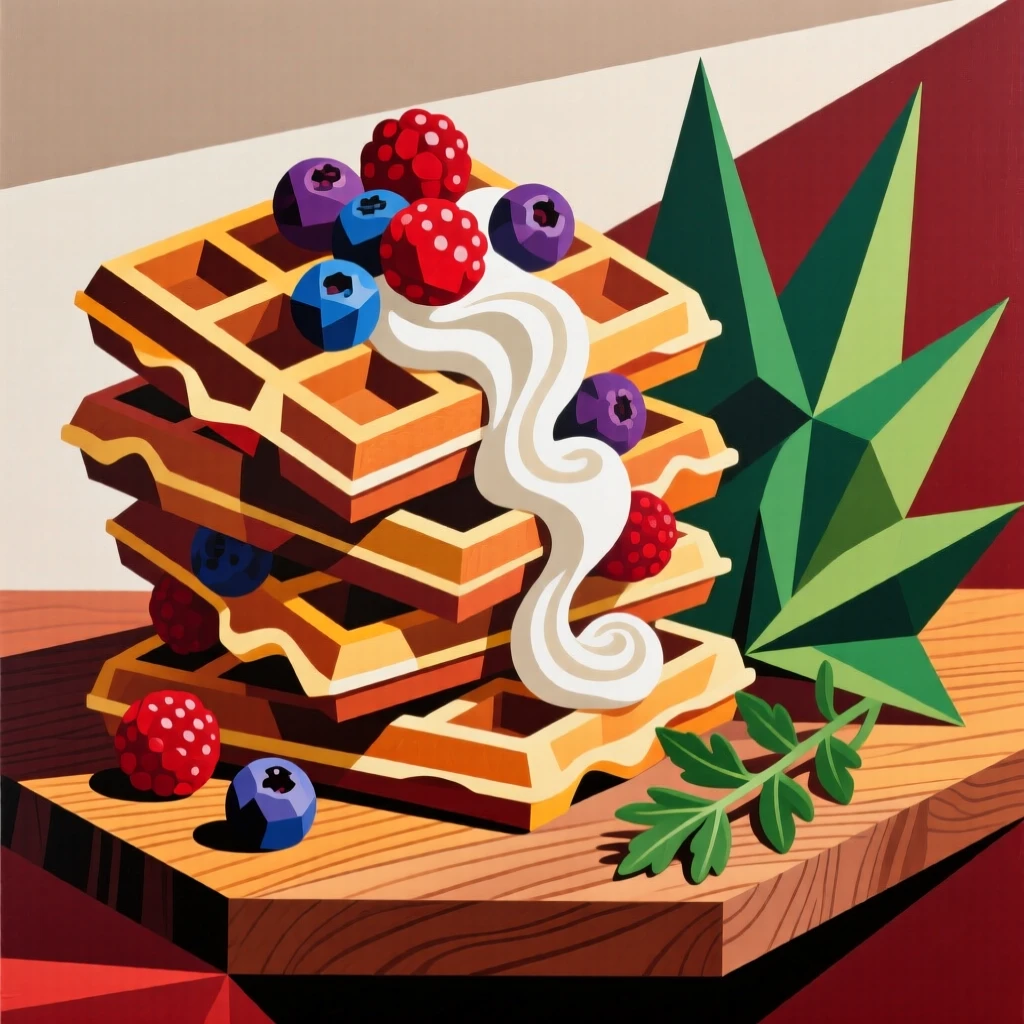 A mouthwatering image of a stack of waffles with berries and cream presented on a wooden board beside fresh herbs.
