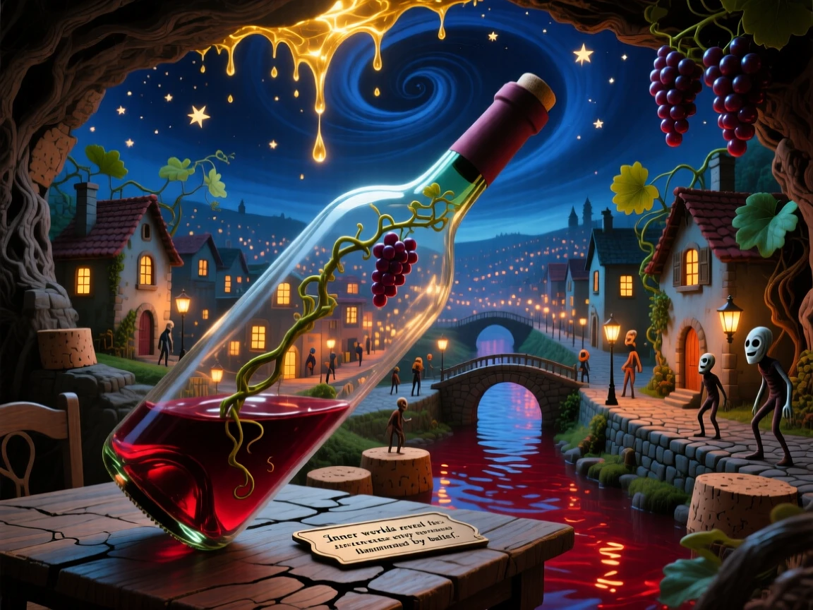 A sprawling village built inside the hollow of an old wine bottle reveals itself only when held up to the light, as tiny lights flicker like distant, faraway stars.