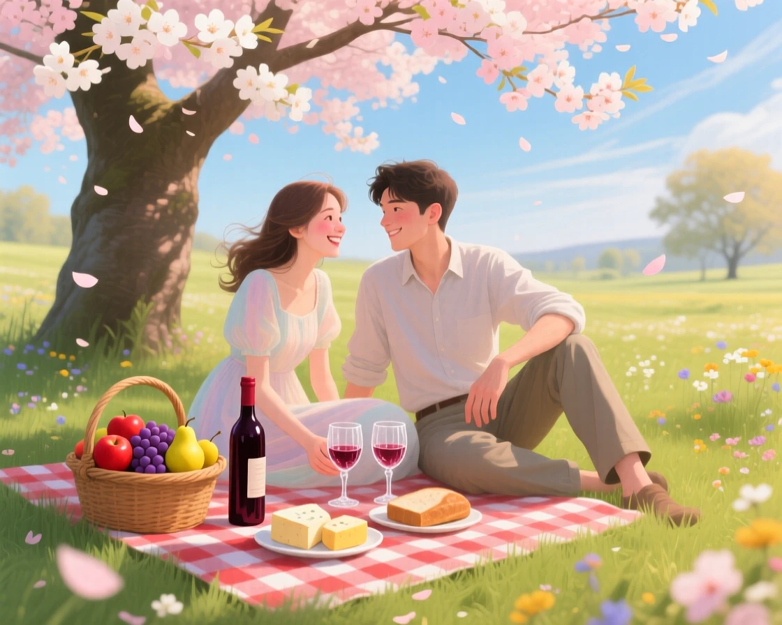 A young couple sets up a picnic beneath a blooming cherry tree, a checkered blanket spread with wine and fruit as petals drift down, a sense of genuine, unguarded emotion captured in the small details of their expression.