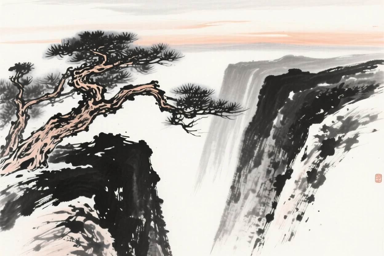 Gnarled pine branches stretch out over a steep mountain gorge, beneath a sky brushed with the last light of day.