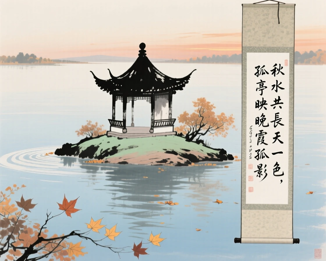 A lone pavilion on a small island in the middle of a lake, carrying a mood of wistful nostalgia, at the turn of autumn.