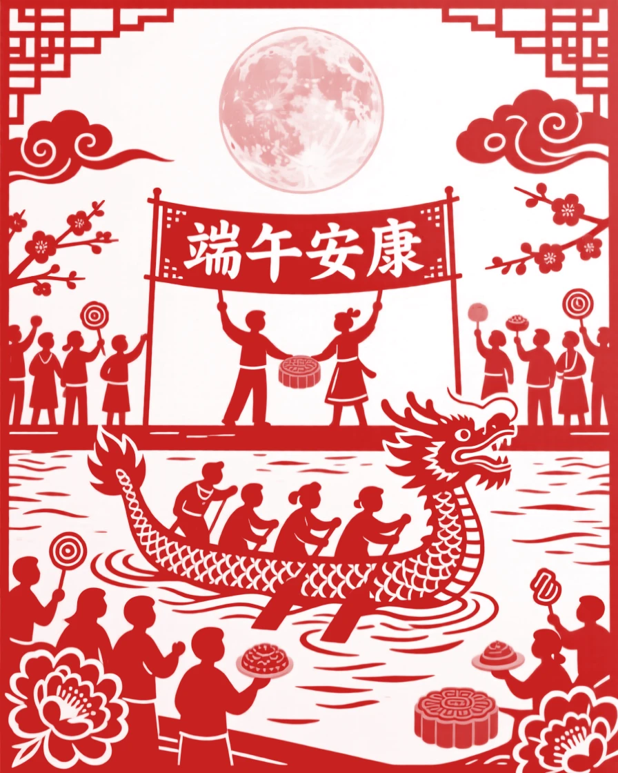 A scene of a riverside dragon boat race, crowded with cheerful visitors sampling festival treats, with a full moon rising behind paper-cut silhouettes.