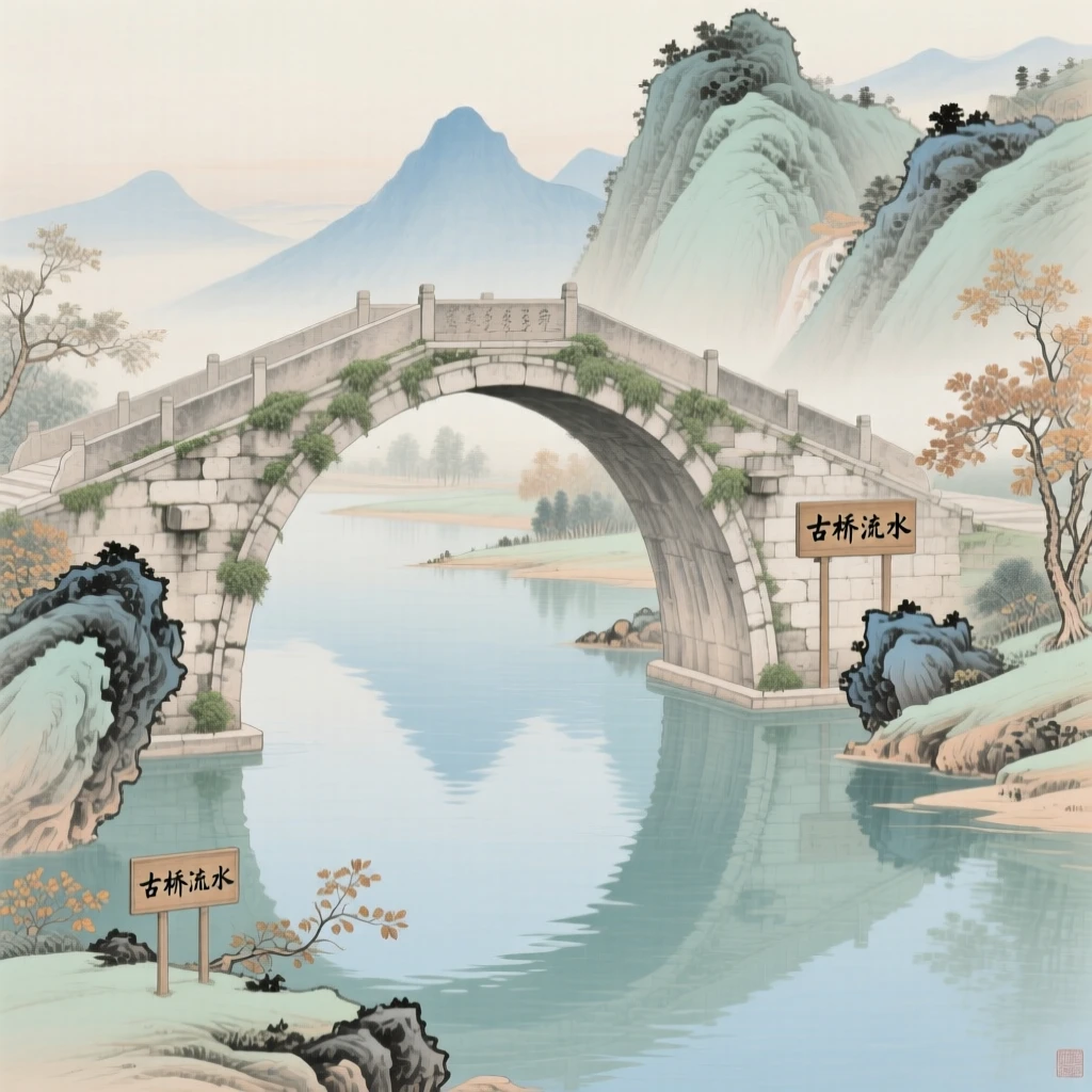 An ancient stone bridge arching over a slow river, with reflections of the mountains rippling in still water