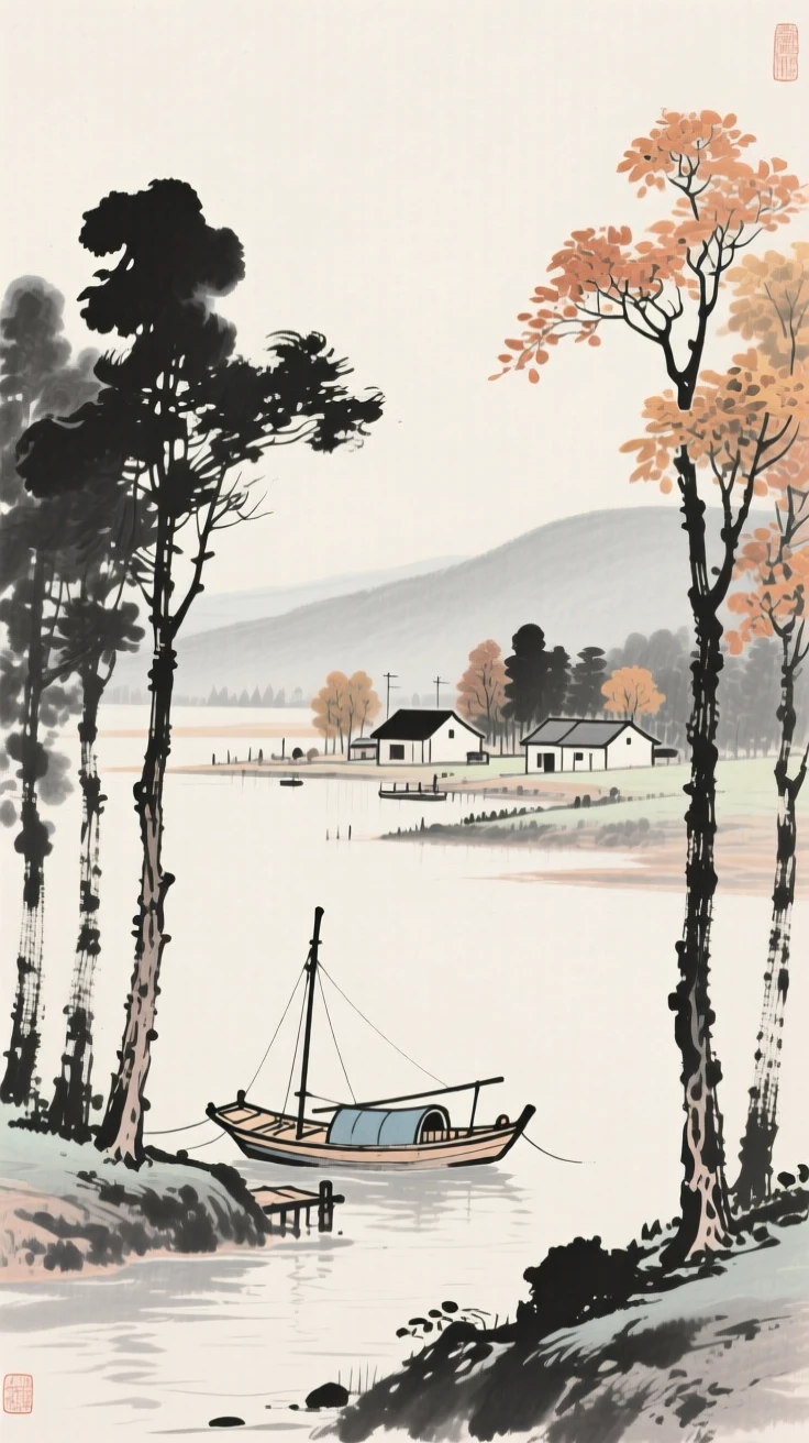 A small fishing village harbor framed by tall autumn trees, captured from a distance, small against a vast landscape, conveying quiet reverence for the past.