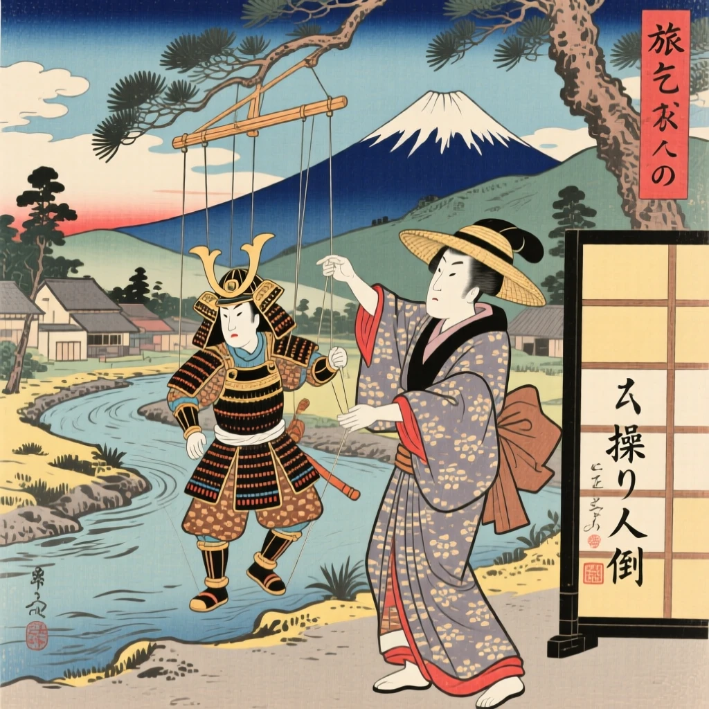 A traveling performer manipulating an elaborate wooden marionette.