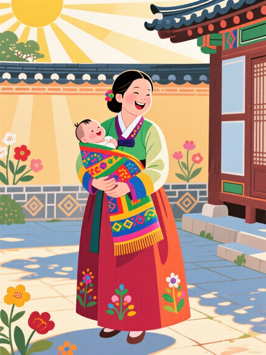 A mother carrying a baby wrapped in bright cloth in a sunlit courtyard.