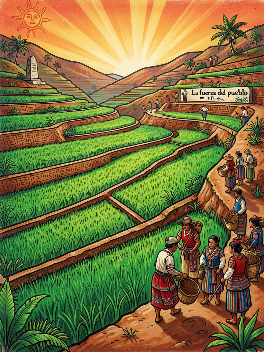 Terraced rice paddies glowing green on a hillside