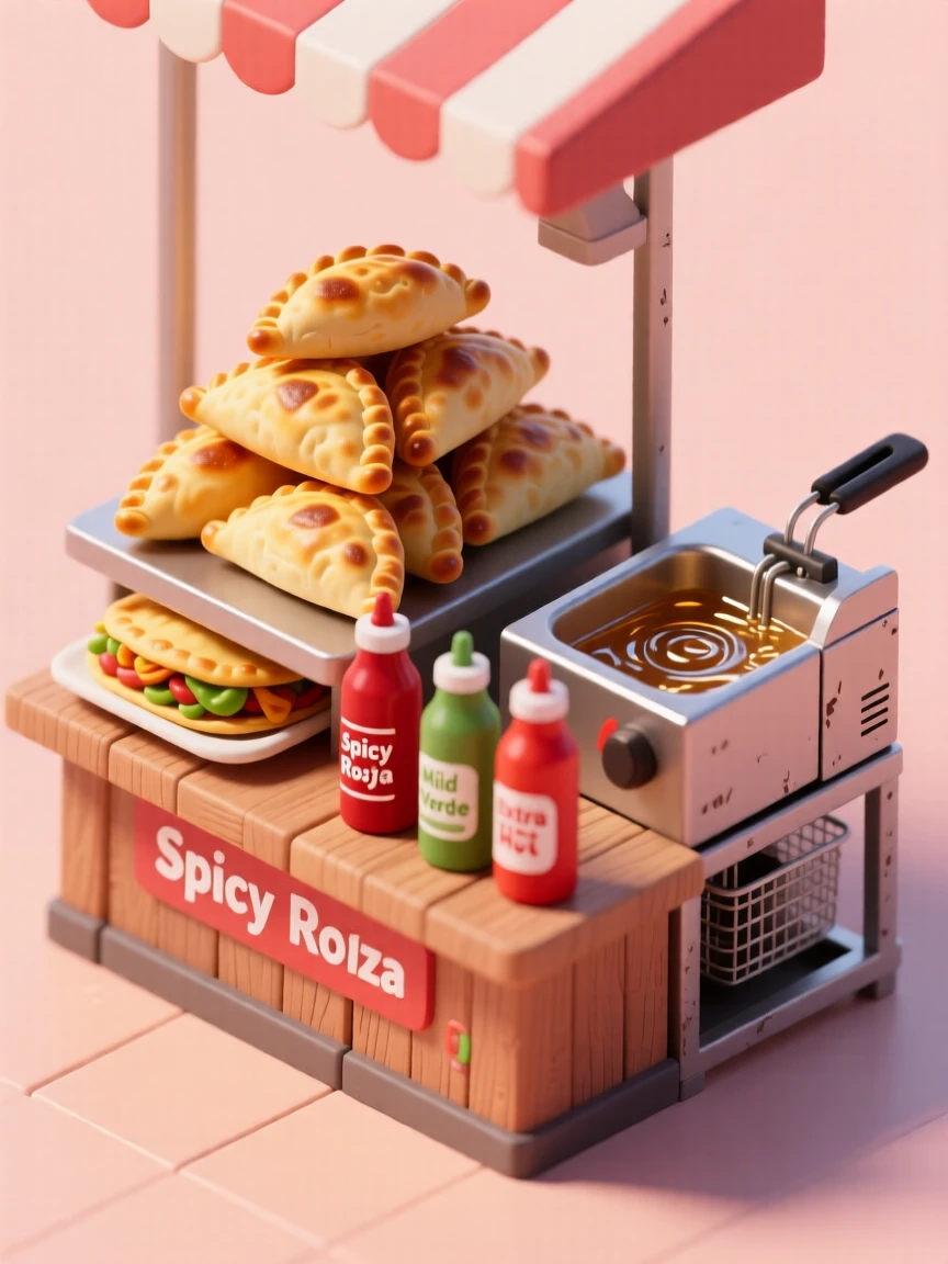 A bustling empanada stand with golden pastries stacked high, a fryer bubbling nearby, and hot sauce bottles lined up on the counter.
