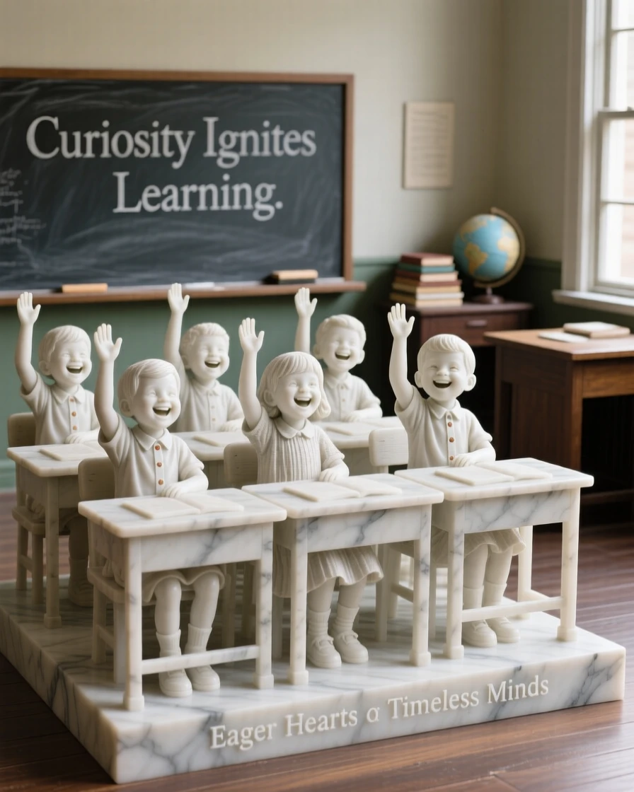 A heartwarming depiction of a classroom of children raising their hands eagerly, full of laughter and genuine connection