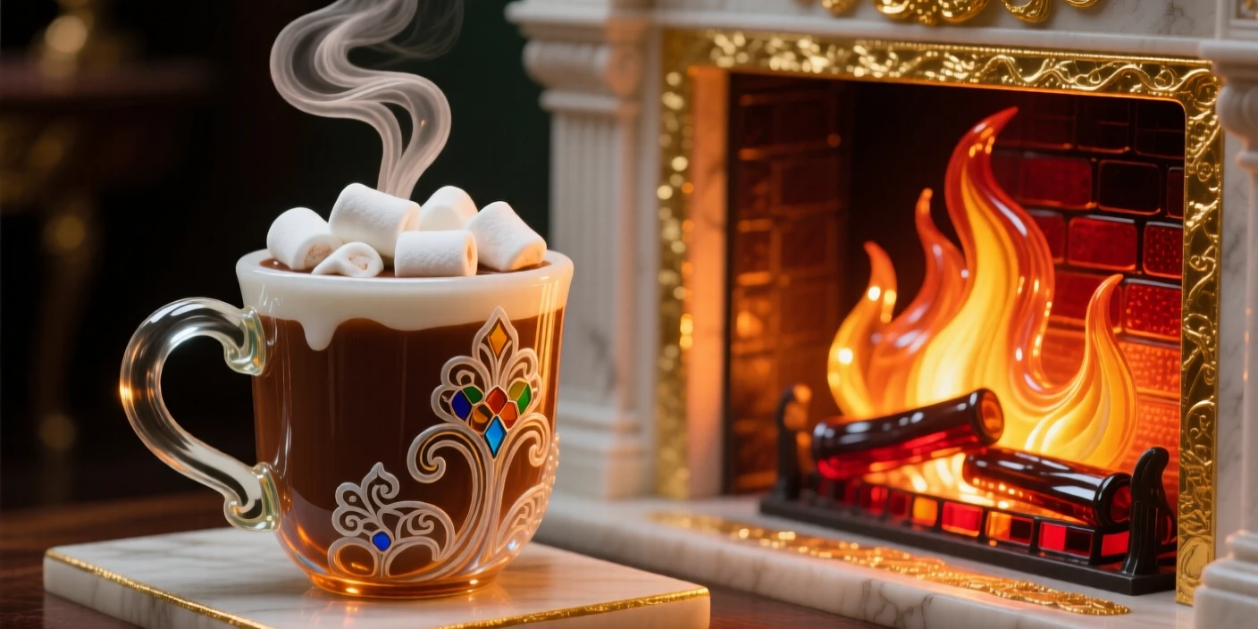 A steaming mug of hot cocoa topped with marshmallows beside a fireplace, cozy and warm.