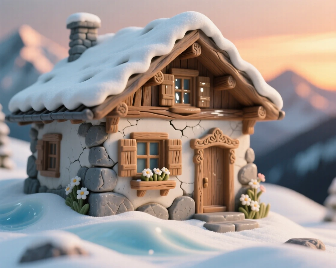 A snow-capped alpine chalet captured in the soft glow of sunset, with weathered stone showing centuries of history, radiating peaceful, storybook charm.