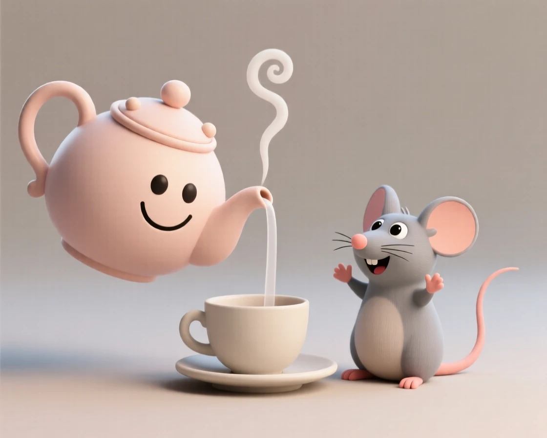 A charming teapot character with a curled spout smile pours a steaming cup of tea for a delighted mouse.