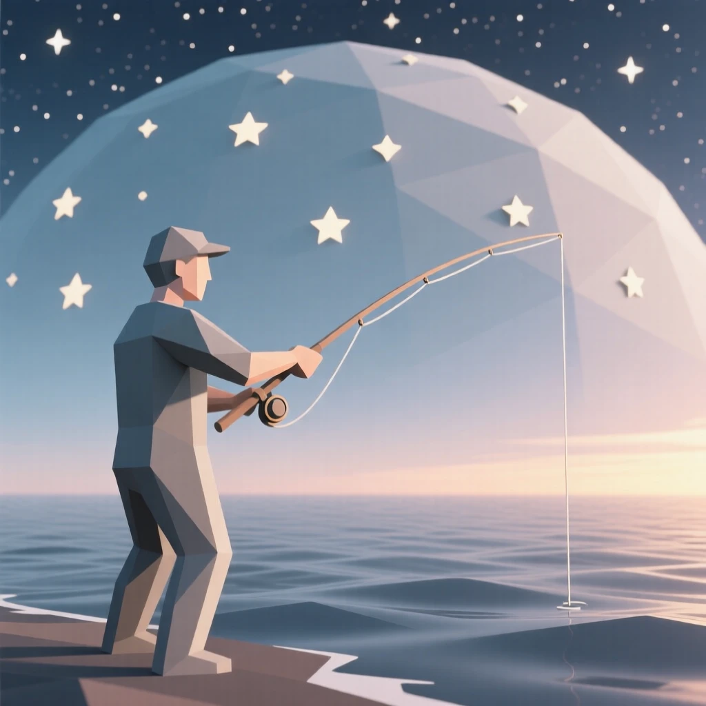 A fisherman casting a line at sunrise, beneath a sky full of stars. natural light enhances the authenticity of the scene. The scene radiates pure joy.