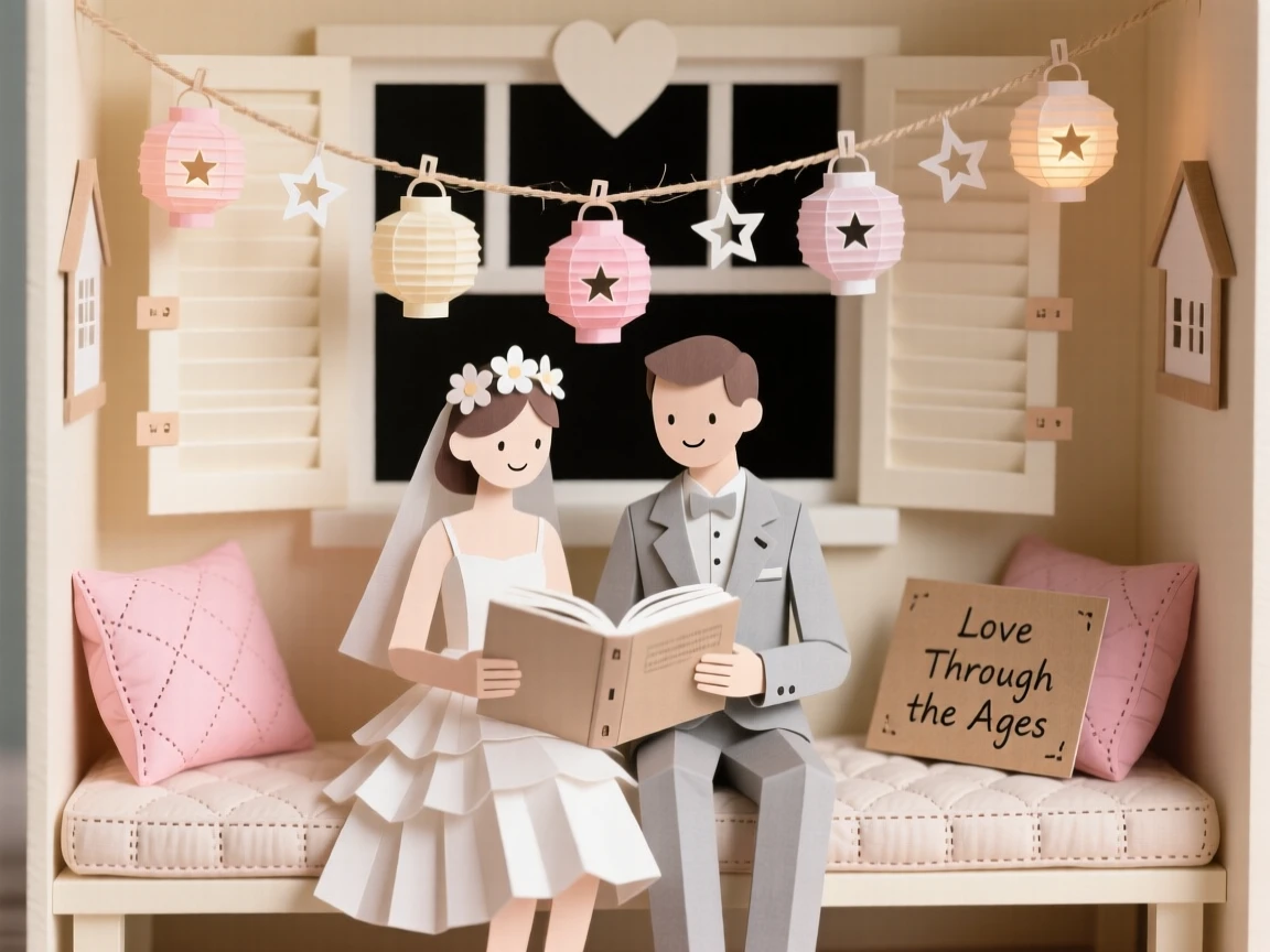 A pair of newlyweds reading together in a cozy window nook, with string lights twinkling overhead, evoking love across generations.