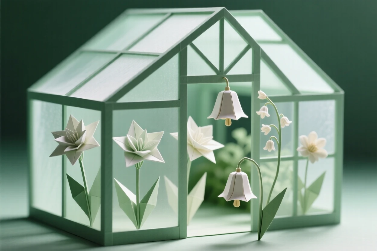 An enchanted greenhouse where flowers chime softly like bells in the breeze.