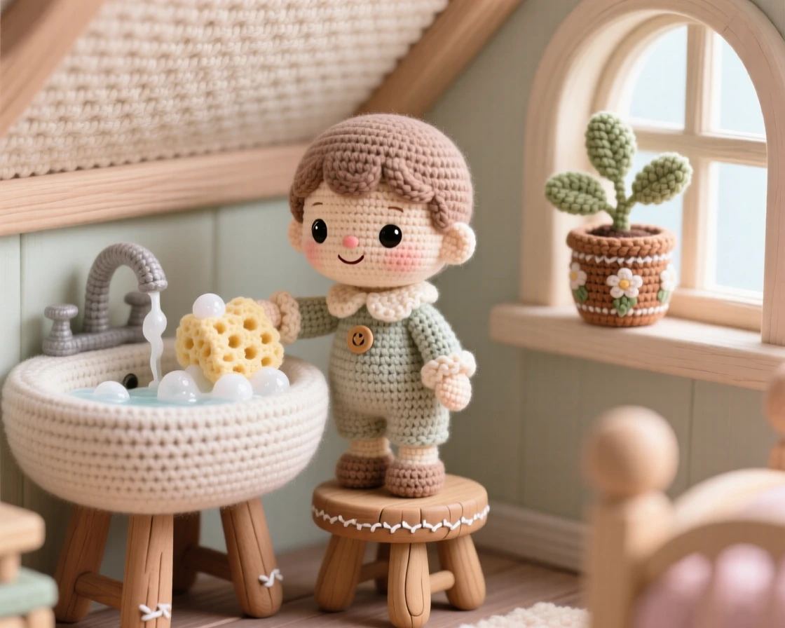 a small child washing dishes at a low sink, standing on a wooden stool, scrubbing a bowl with a soapy sponge, in a snug attic bedroom under a sloped ceiling, with a small potted plant on the windowsill nearby, radiating soft nostalgic coziness.
