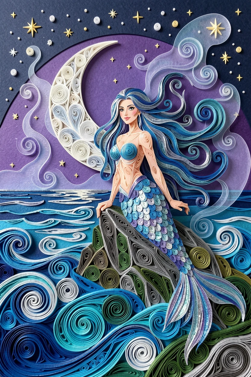 A magical fantasy scene of a mermaid perched on a rock beside a moonlit sea on the shore of a starlit magical lake, with delicate wisps of magical mist curling upward, captured from a sweeping cinematic wide angle.