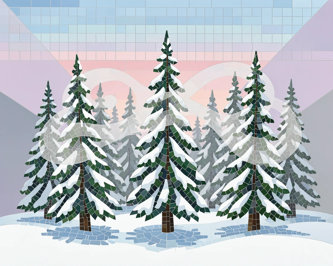 A dense pine forest blanketed in fresh untouched snow, under a soft blanket of morning fog.