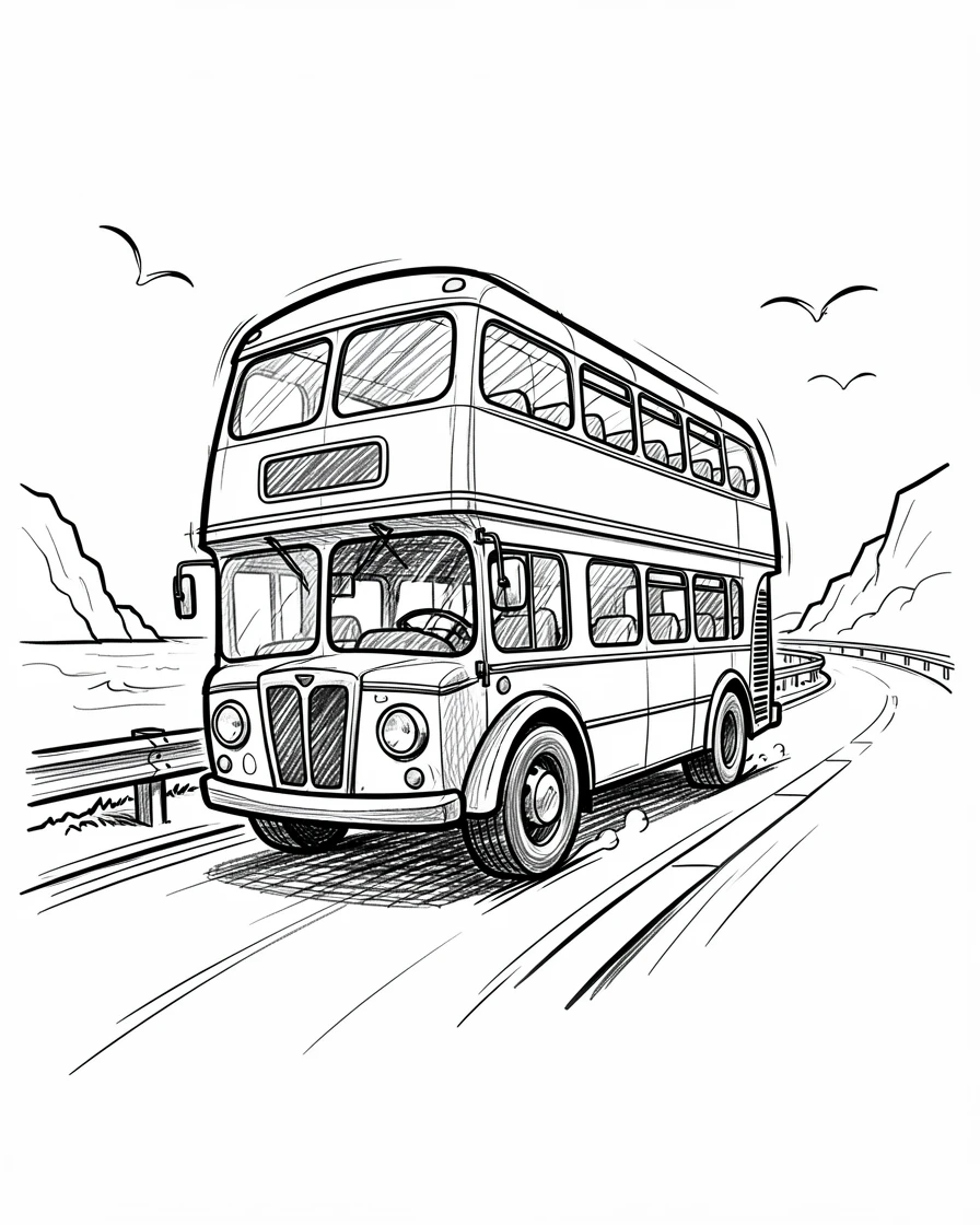 A classic double-decker bus driving along a coastal highway.
