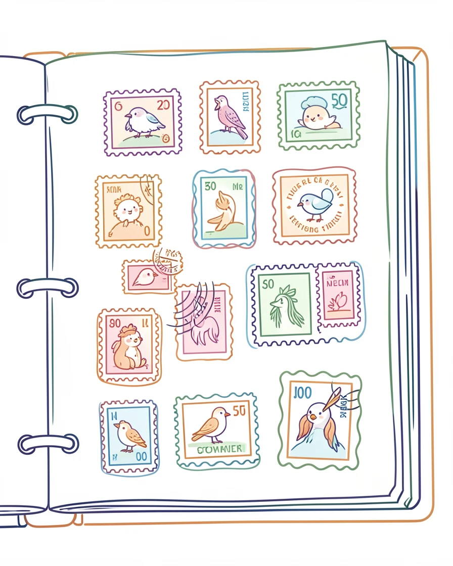 A display of vintage postage stamps arranged in a collector's album.