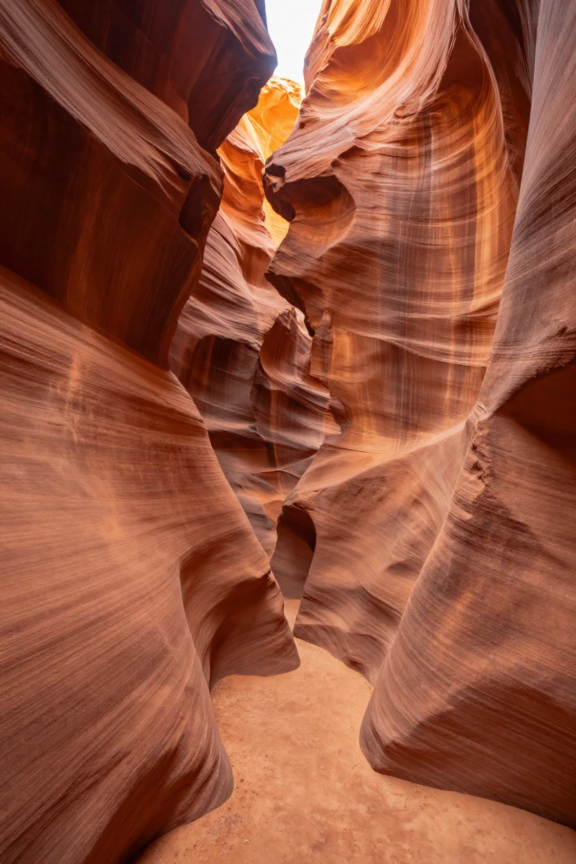 A sandstone slot canyon glowing with warm reflected light