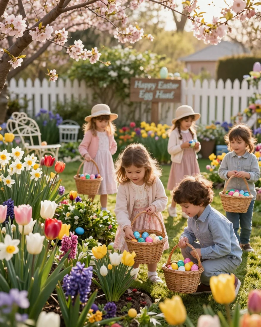 A traditional Easter egg hunt in a garden full of blooming spring flowers