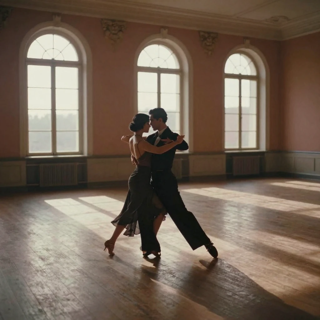 Two dancers practicing tango steps in an empty ballroom, in soft window light, as heat shimmers over the ground, in the mild days of early autumn, in earthy terracotta and ochre shades, from behind, looking toward the horizon.
